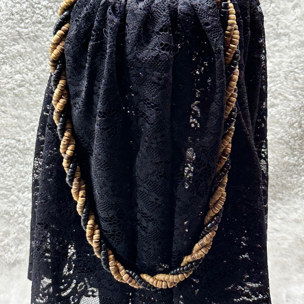 Vintage Costume Necklace, Black and Tan Wooden Beaded Twist